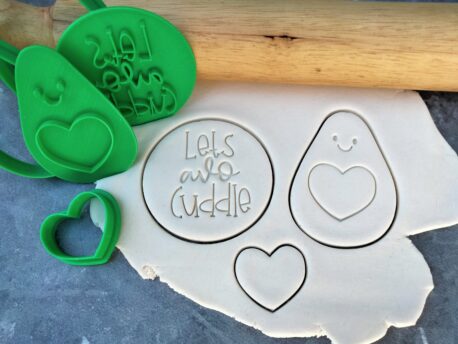 "Lets Avo Cuddle" Avocado with a Heart Cookie Cutter & Fondant Embosser Stamp Set Valentines Day
