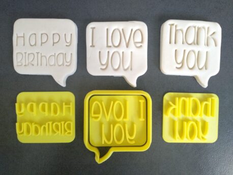 Speech Bubble Cookie Cutter with Thank You, Happy Birthday & I Love You Text Stamp Embossers