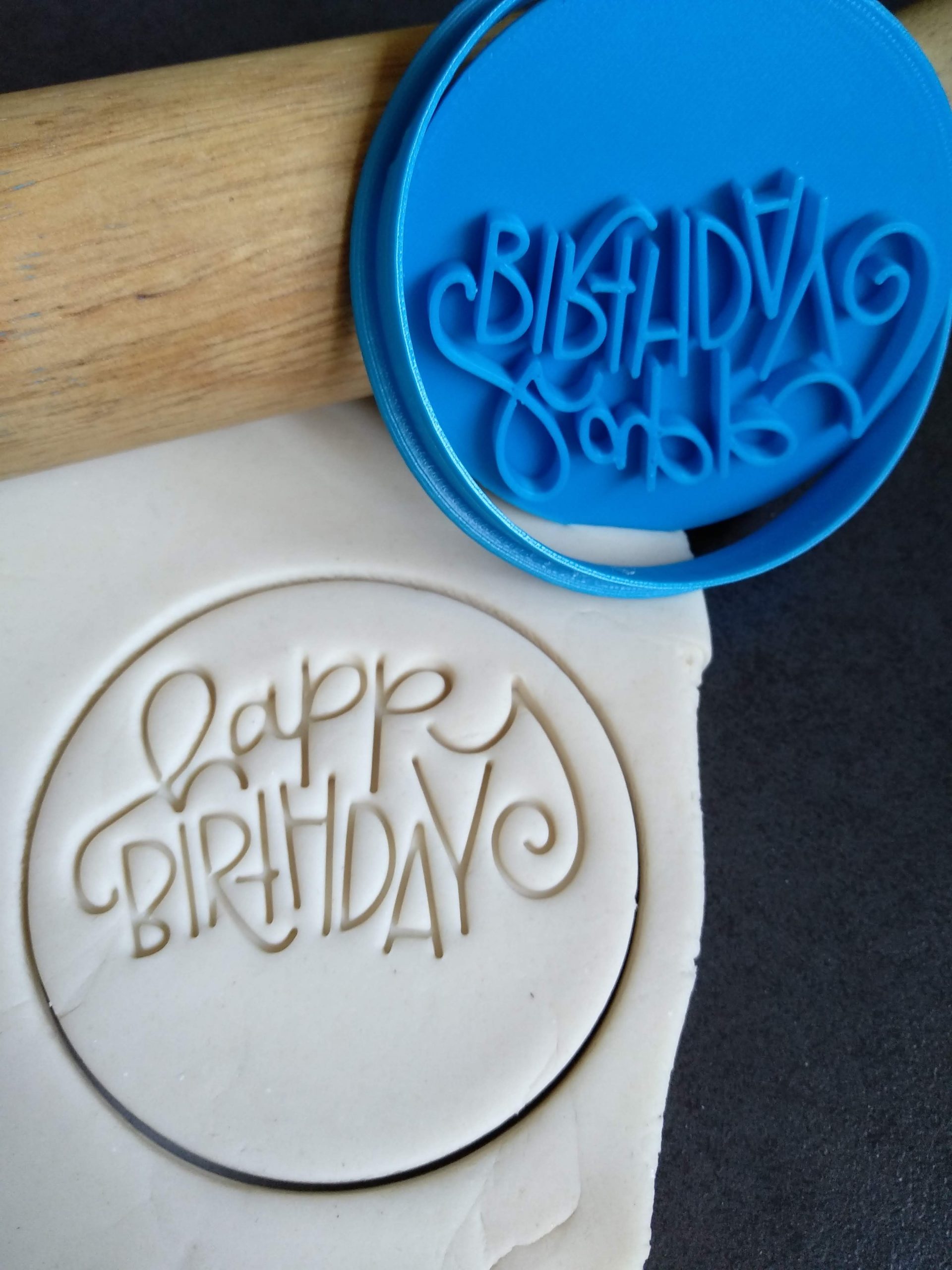 Happy Birthday Cursive Cookie Icing Fondant Press Embosser Stamp 3D Printed 6cm