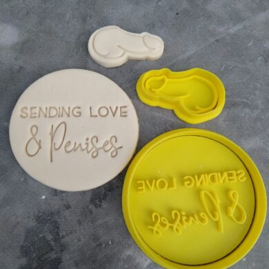 Sending Love and P Cookie Fondant Embosser Imprint Stamp and Cookie Cutter Cookie Shape Cutter is 4.6cm high x 2.6cm wide Round Text Embosser and Round Cookie Cutter is 7cm