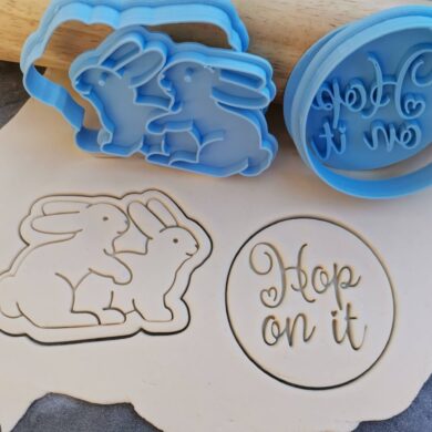 Adult Bunnies "Hop on It" Cookie Cutter and Fondant Embosser Stamp Set - Easter
