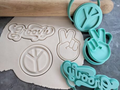 Seventies Hippy Theme Cookie Fondant Embosser Imprint Stamp & Cookie Cutter 3 Piece Set Peace Symbol, Groovy Text, Peace Sign Hand Gesture V Sign 70's Cookies