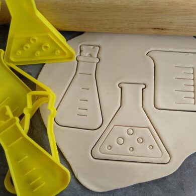 Science Set 3 Piece Set Fondant Embossers Imprint Stamp and Cookie Cutter Set Beaker Flask