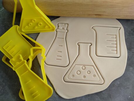 Science Set 3 Piece Set Fondant Embossers Imprint Stamp and Cookie Cutter Set Beaker Flask