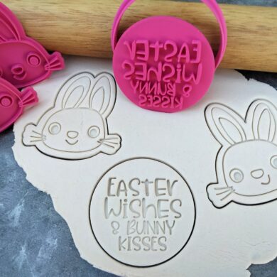 Easter Wishes and Bunny Kisses Fondant Cookie Embosser and Cookie Cutter 3 Piece Set - Cute Bunny - Bunnies Set for Easter